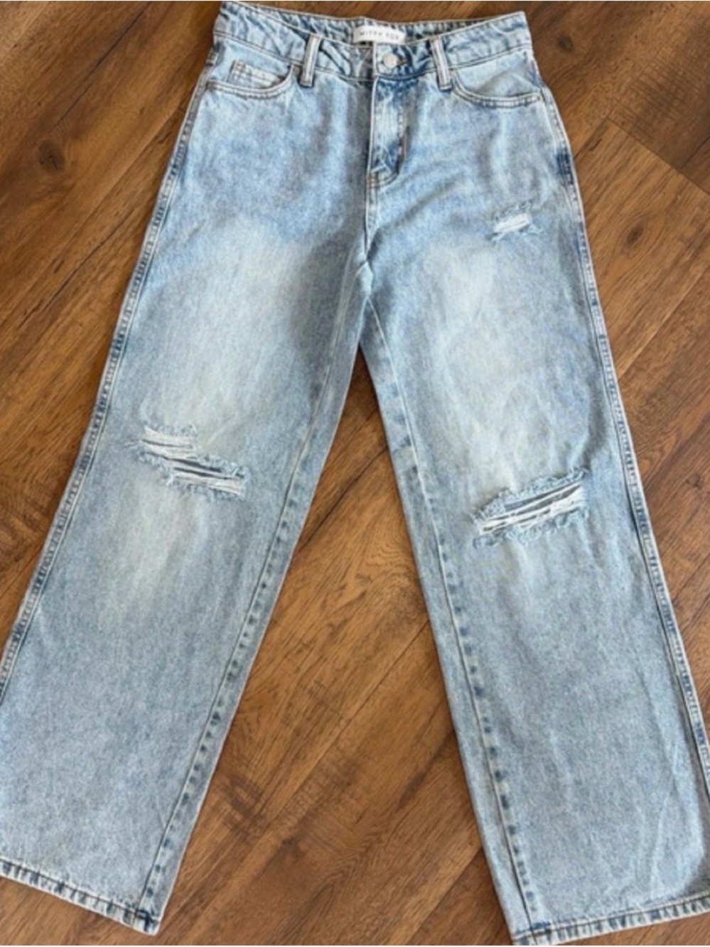 Straight Leg Distressed Women's Jeans in Light Blue Wash